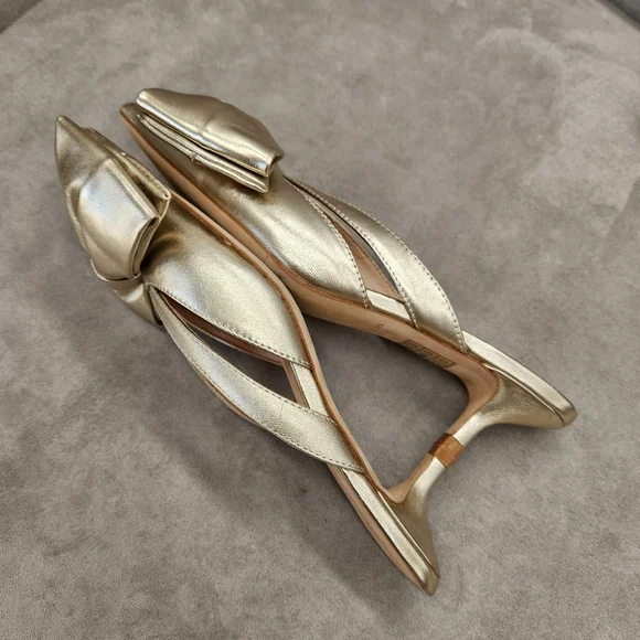 Jack Rogers Dress Mule 9 Gold Champagne Leather Cynthia Bow Kitten Heel Metallic - Picture 11 of 16